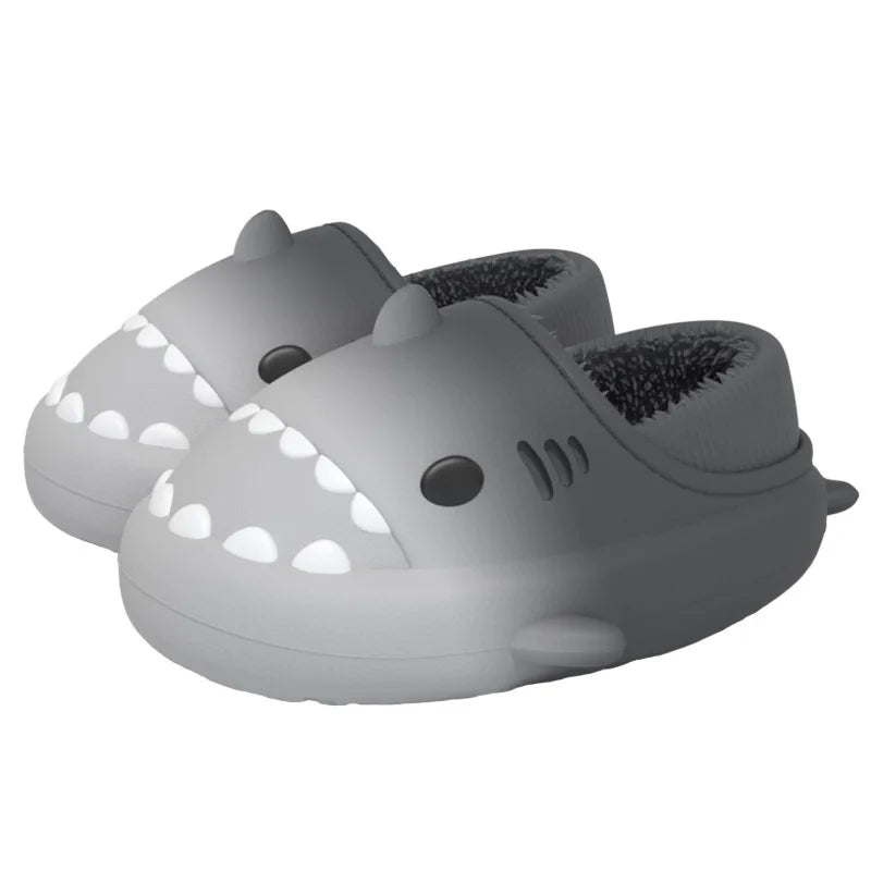 Comwarm Plush Shark Slippers For Women Men Winter Warm Cartoon Cotton Slippers Couple Non-Slip Waterproof Outdoor Home Shoes