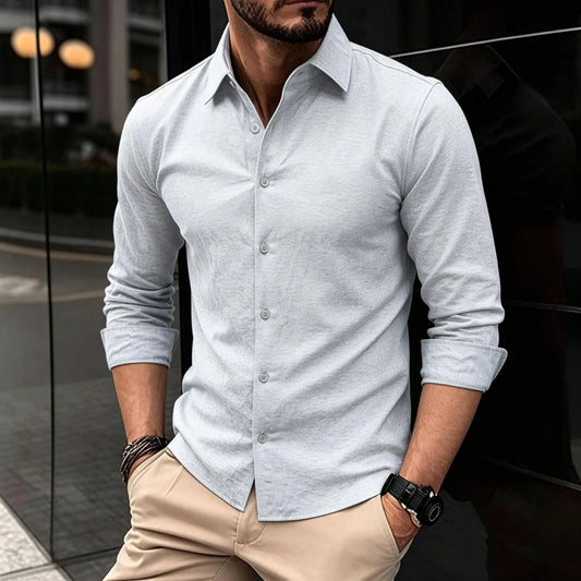 AIOPESON Men's Long Sleeve Cotton Shirt Button down Linen Blend Soft Casual Solid Color Spring Autumn Daily Wear