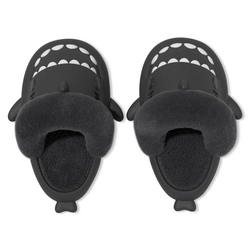 Comwarm Plush Shark Slippers For Women Men Winter Warm Cartoon Cotton Slippers Couple Non-Slip Waterproof Outdoor Home Shoes