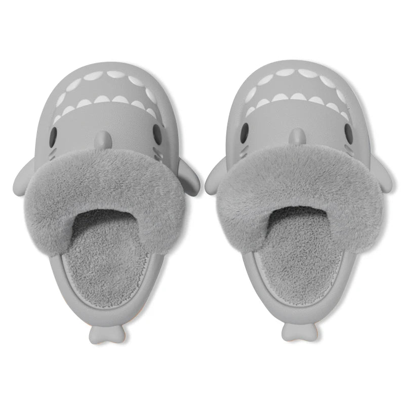 Comwarm Plush Shark Slippers For Women Men Winter Warm Cartoon Cotton Slippers Couple Non-Slip Waterproof Outdoor Home Shoes