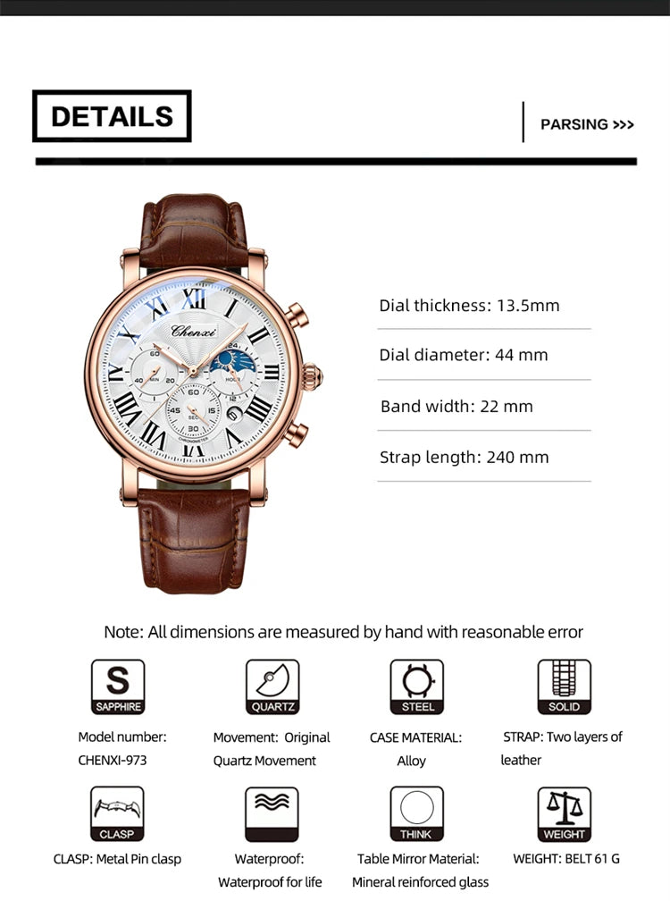 CHENXI 973 Quartz Watch Multi-function Business Moon Phase Date Waterproof Rome Analog Dial Leather Wrist Watch for Male