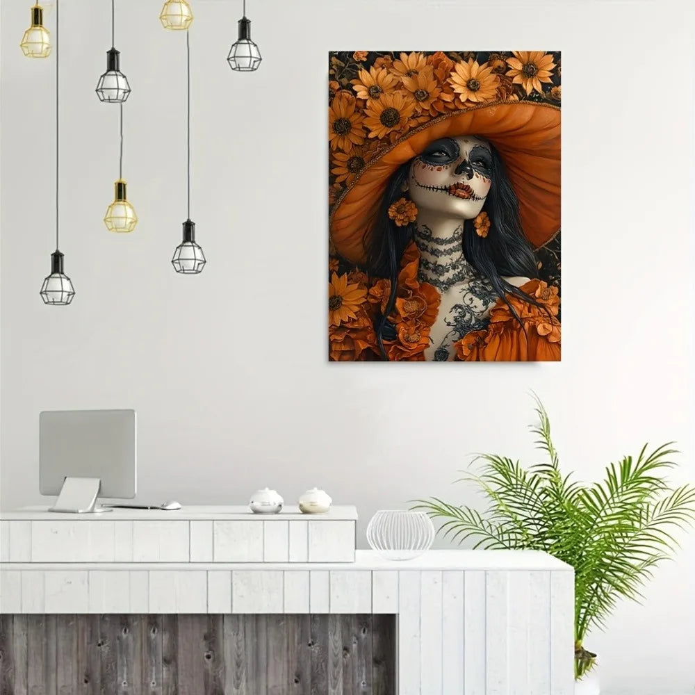 La Calavera Catrina Canvas Wall Art - Vibrant Orange Floral Sugar Skull Dia de los Muertos Decor for Home Bar Office