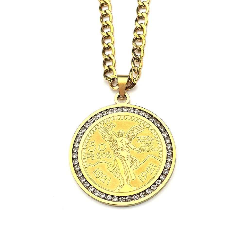 1921 Mexican 50 Pesos Coins Crystals Pendant Necklace for Men Women Stainless Steel Gold Color Winged Victory Chain Jewelry Gift