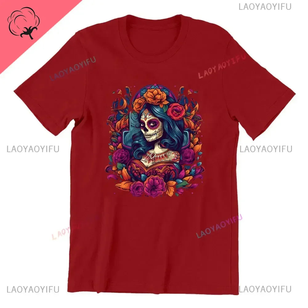 Sugar Skull T-Shirt La Catrina Girl with Purple Roses Dia De Los Muertos Sugar Skull Day of The Dead Tee Gifts for Men and Women