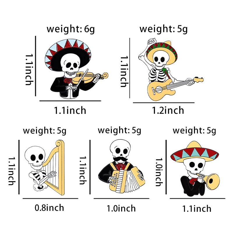Mexican Concert Enamel Pins Custom Accordion Violin Harp Brooches Lapel Badges Gothic Performers Jewelry Gift for Friends