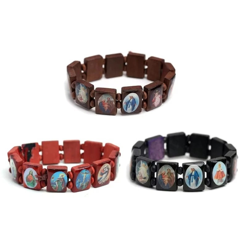 Saints Religion Rosary Wooden Bracelets Men Women Fashion Holy Icon JESUS Virgin Mary Catholic Jesus Beads Bracelet Jewelry Gift