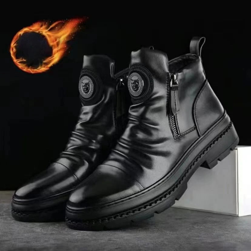Men's Boots Fashion Motorcycle Boot Luxury Leather Ankle Boots Plush Warm Winter Boots for Men Casual Platform Boot Botas Hombre