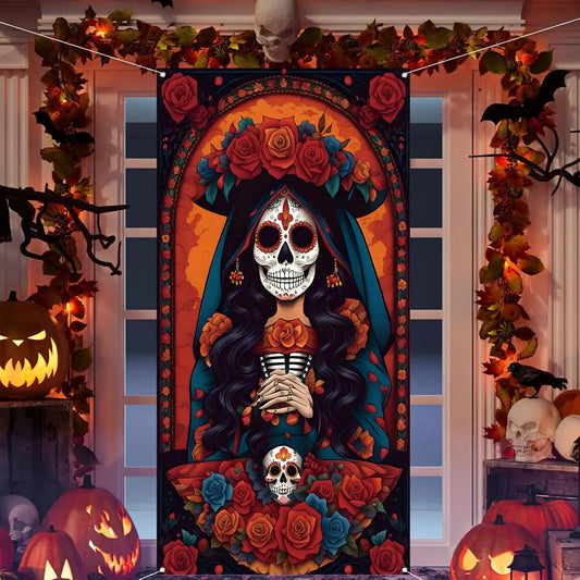 Day of The Dead Door Cover Dia De Los Muertos Backdrop Sugar Skull Rose Altar Mexican Fiesta Party Decorations and Supplies for