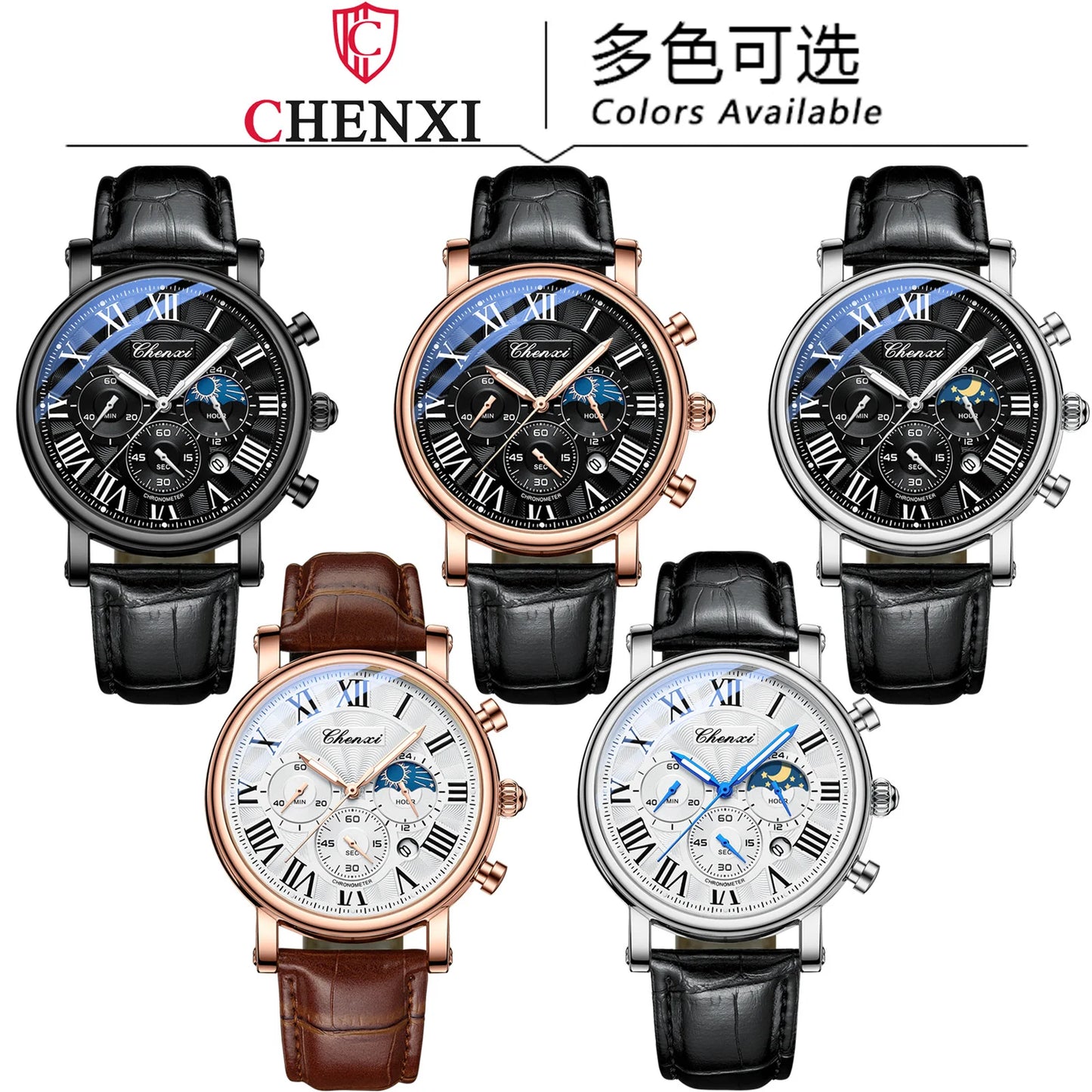 CHENXI 973 Quartz Watch Multi-function Business Moon Phase Date Waterproof Rome Analog Dial Leather Wrist Watch for Male