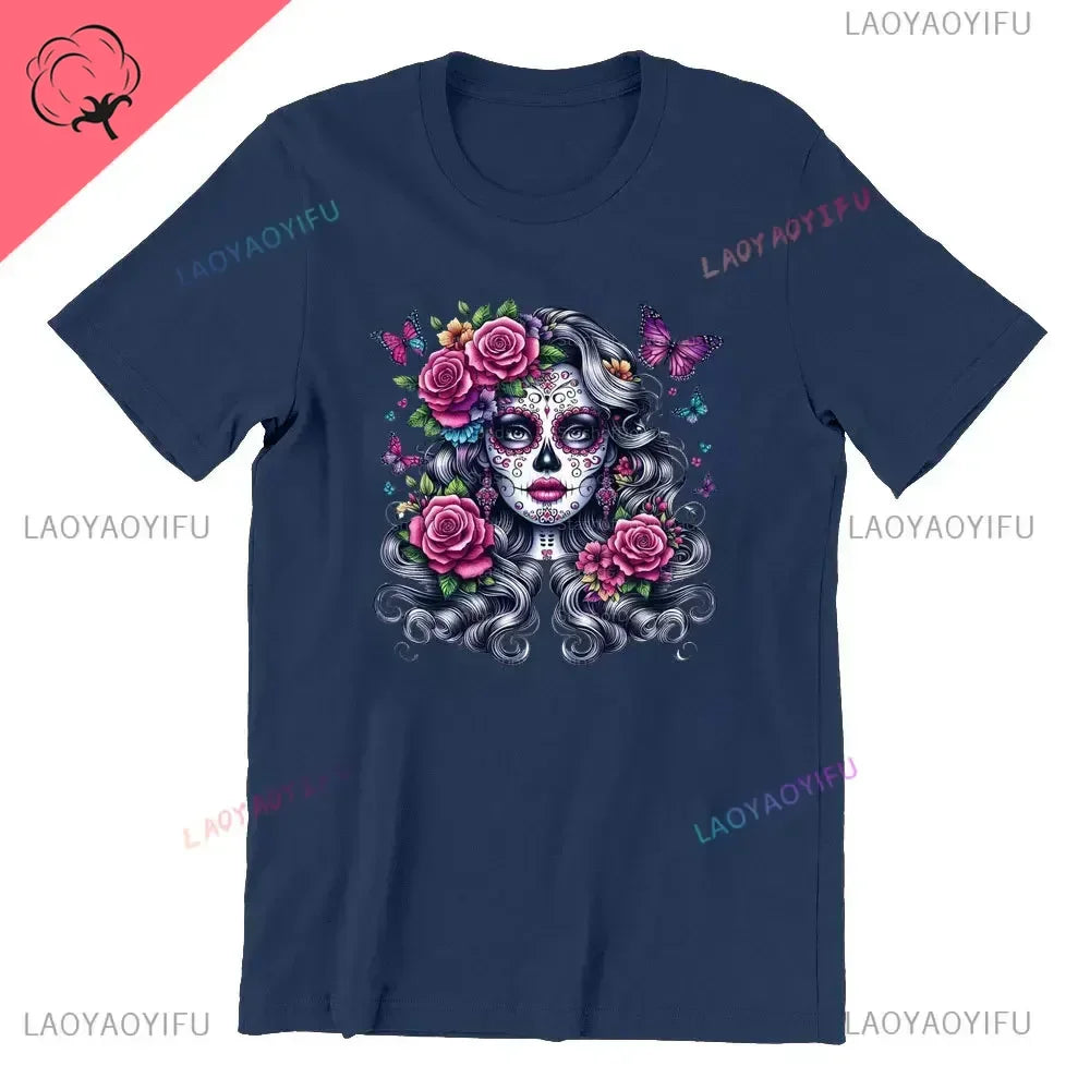 Sugar Skull T-Shirt La Catrina Girl with Purple Roses Dia De Los Muertos Sugar Skull Day of The Dead Tee Gifts for Men and Women