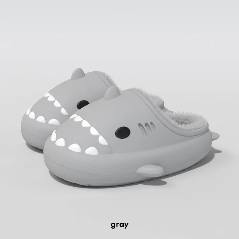 Comwarm Plush Shark Slippers For Women Men Winter Warm Cartoon Cotton Slippers Couple Non-Slip Waterproof Outdoor Home Shoes