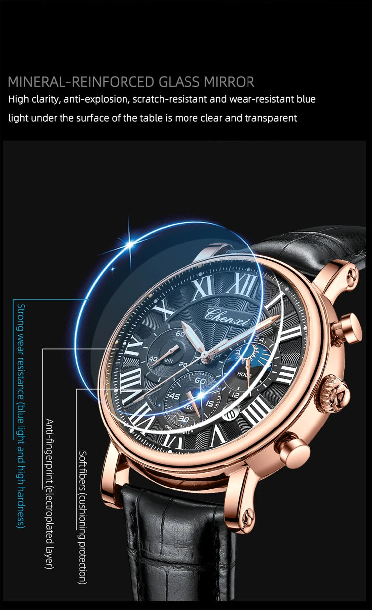 CHENXI 973 Quartz Watch Multi-function Business Moon Phase Date Waterproof Rome Analog Dial Leather Wrist Watch for Male