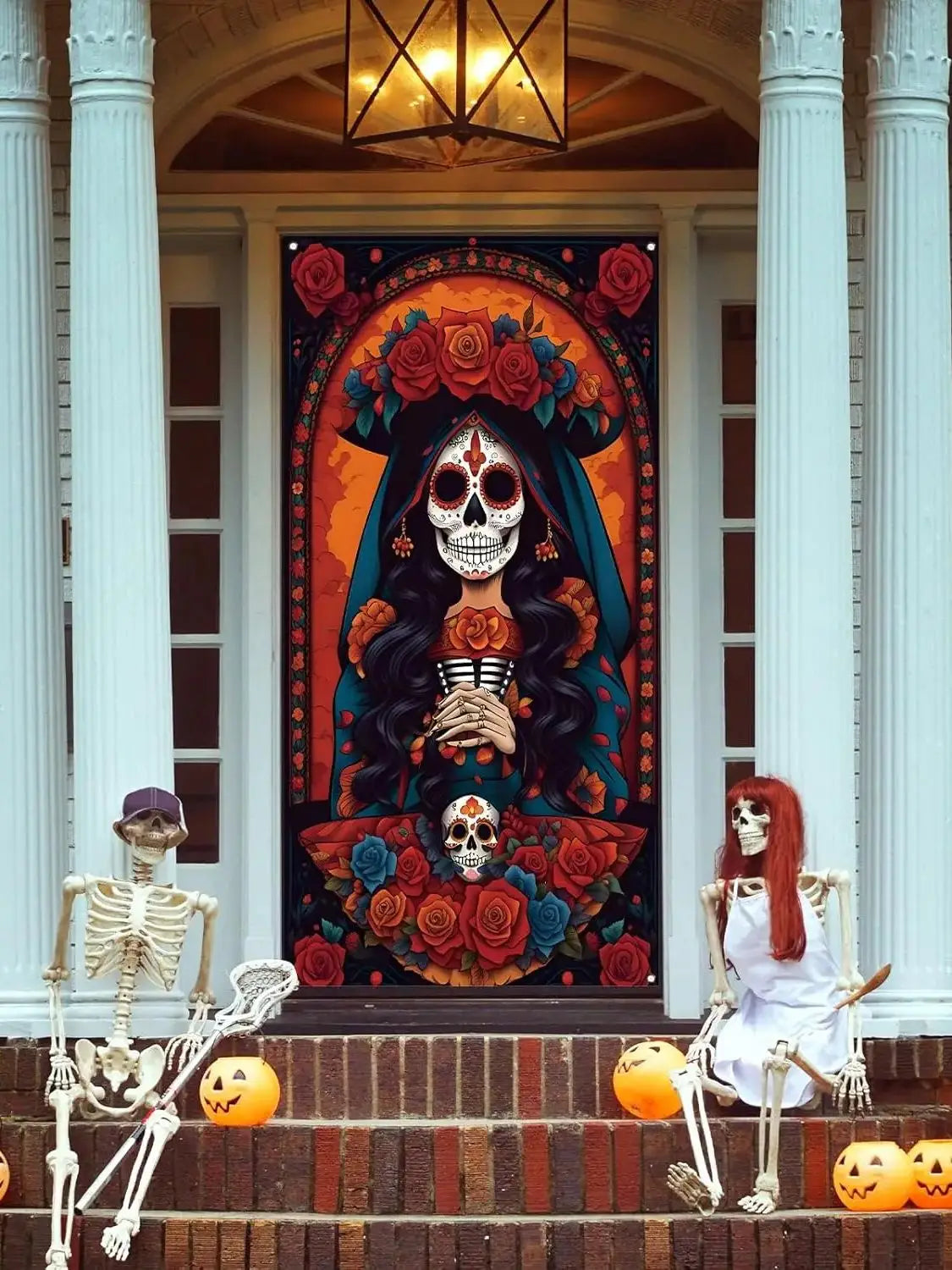 Day of The Dead Door Cover Dia De Los Muertos Backdrop Sugar Skull Rose Altar Mexican Fiesta Party Decorations and Supplies for