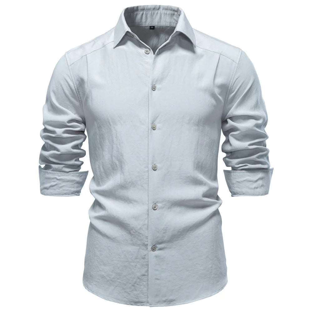 AIOPESON Men's Long Sleeve Cotton Shirt Button down Linen Blend Soft Casual Solid Color Spring Autumn Daily Wear
