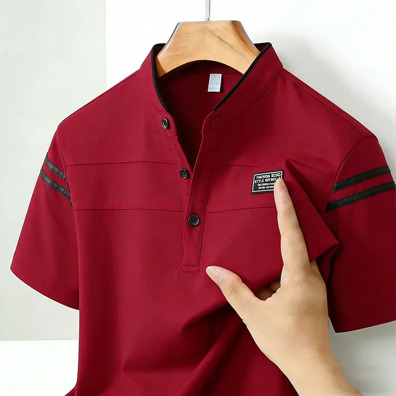 2026 Men's Mandarin Collar Polo Shirt Contrast Striped Short Sleeve Slim Fit Casual Daily Top