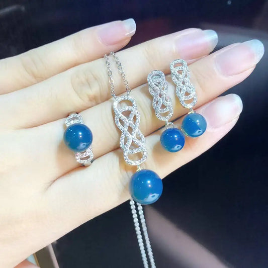 Certificated 925 Silver Natural Mexican Blue Amber Jewelry Set Luxury High Fashion Blue Bead Necklace/Drop Dangle Earring/Rings