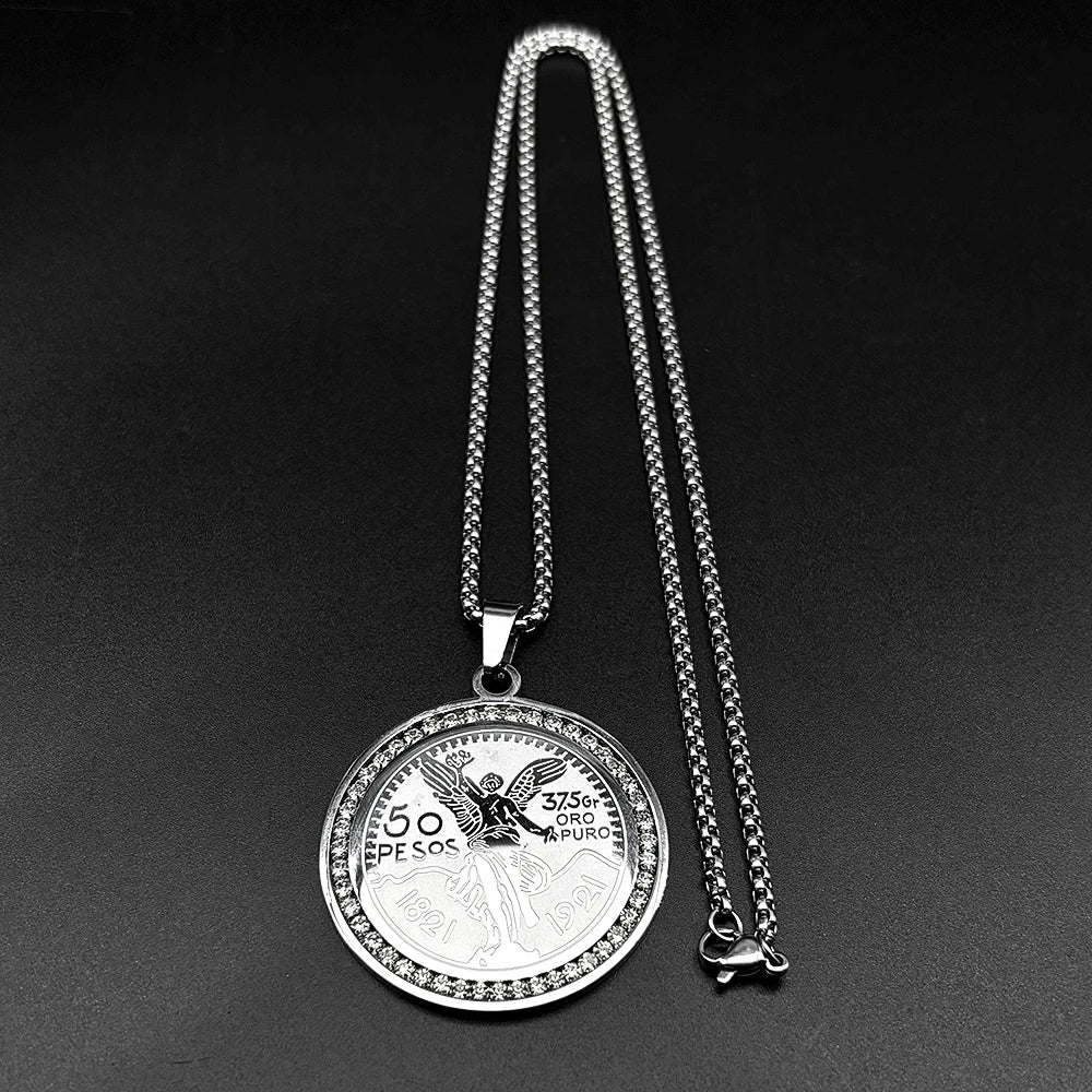 1921 Mexican 50 Pesos Rhinestones Pendant Necklace for Men Women Stainless Steel Gold Color Winged Victory Chain Amulet Jewelry