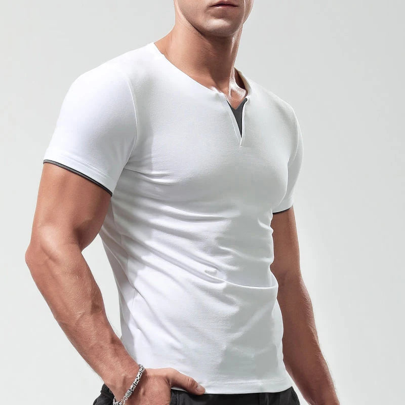 New Mens Short Sleeve Color Match Shirts Cotton Slim Fit Large V Neck TShirt Fitness Jogging Basic Crew Neck Tops