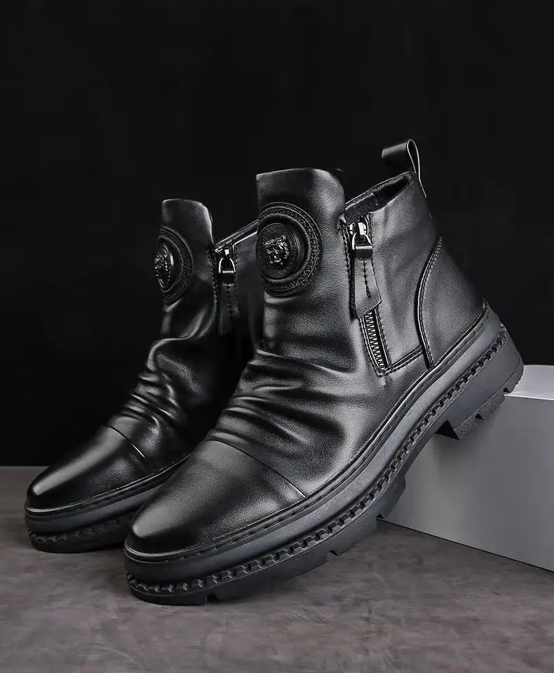Men's Boots Fashion Motorcycle Boot Luxury Leather Ankle Boots Plush Warm Winter Boots for Men Casual Platform Boot Botas Hombre