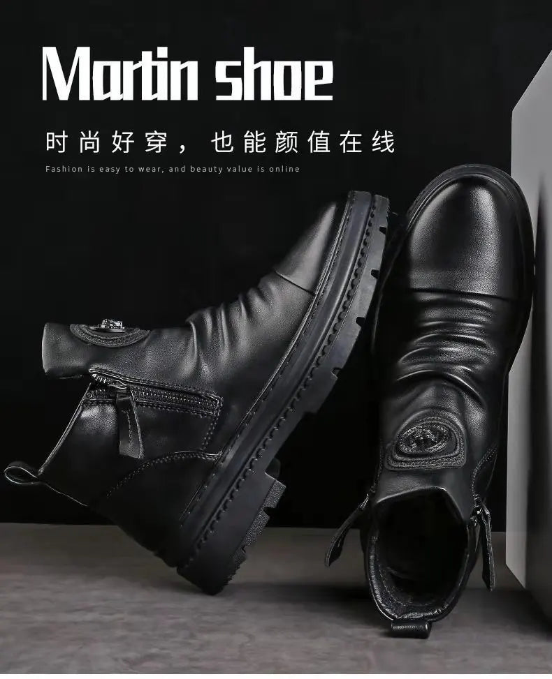 Men's Boots Fashion Motorcycle Boot Luxury Leather Ankle Boots Plush Warm Winter Boots for Men Casual Platform Boot Botas Hombre