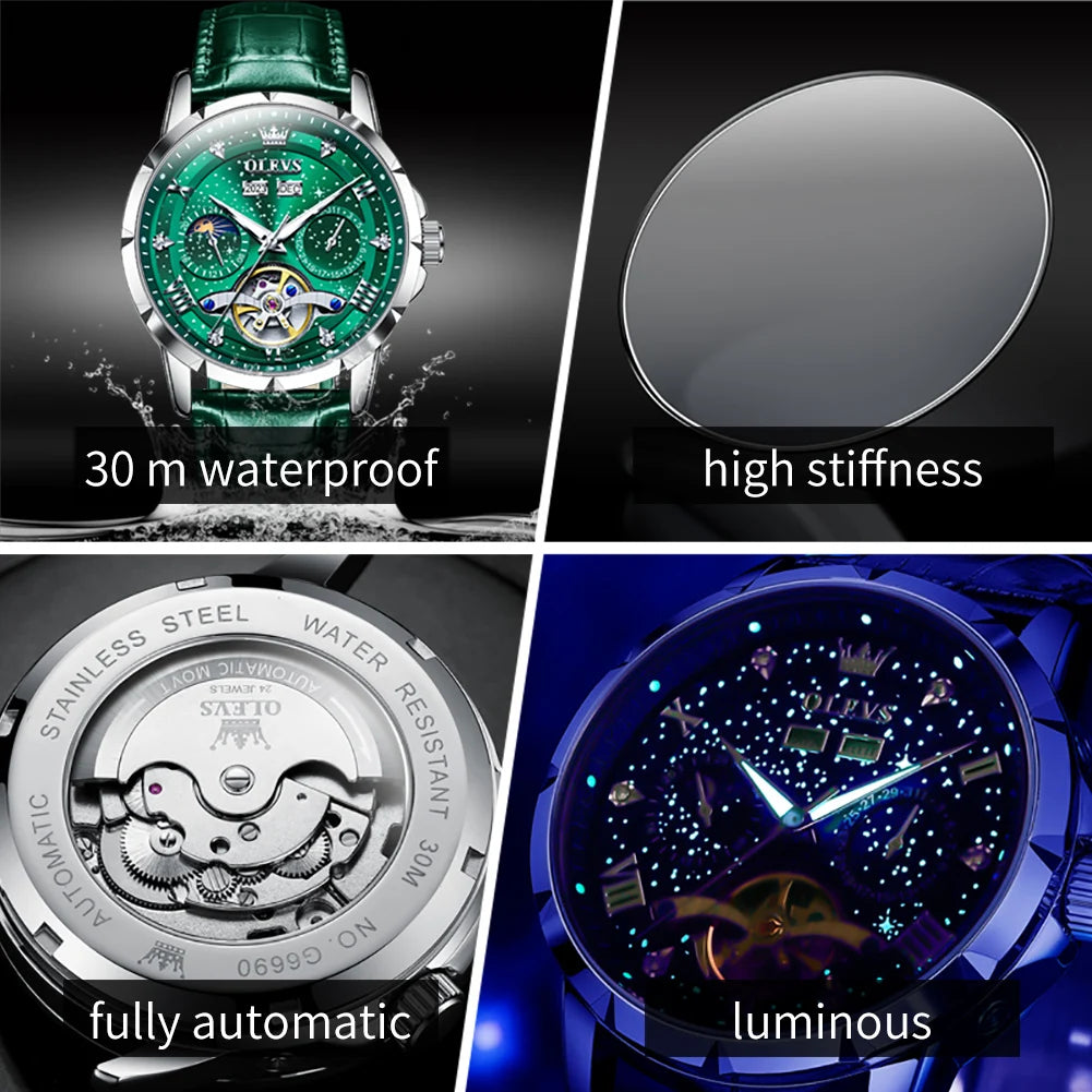 OLEVS 6690 Luxury Men Mechanical Watch Fully Automatic Watch Men's Brand Starry Sky Flywheel Moon Phase Hollow Men Formal Watch