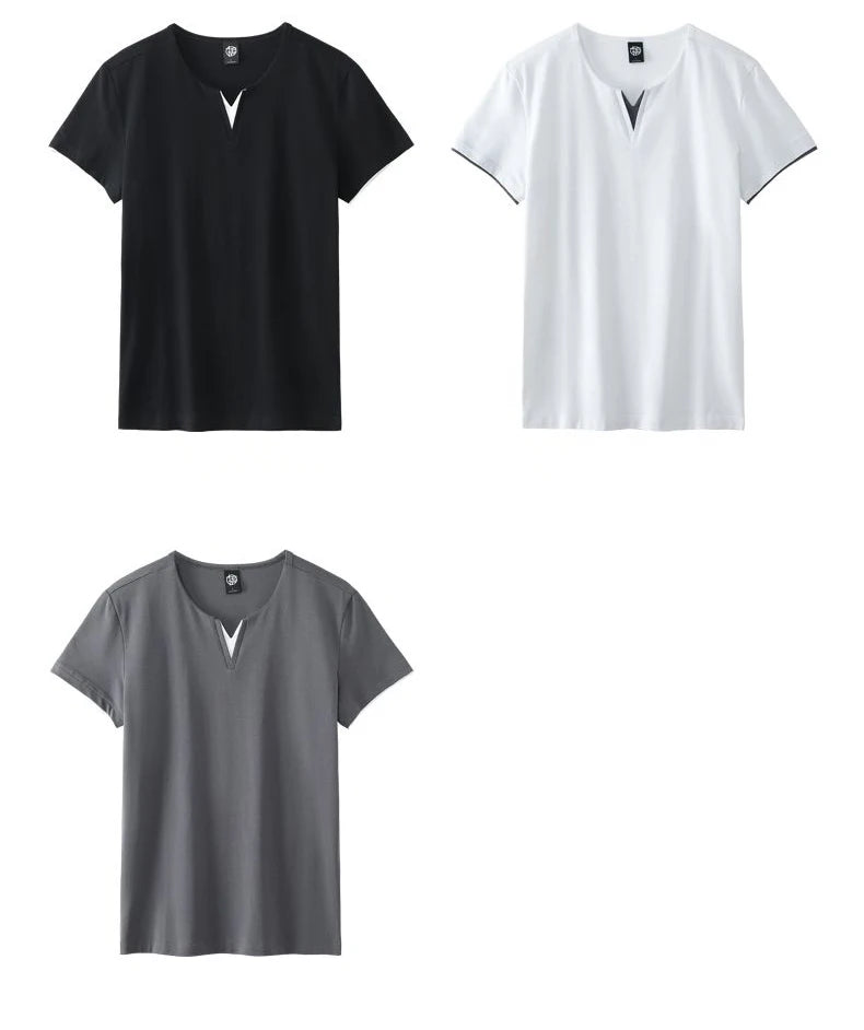 New Mens Short Sleeve Color Match Shirts Cotton Slim Fit Large V Neck TShirt Fitness Jogging Basic Crew Neck Tops